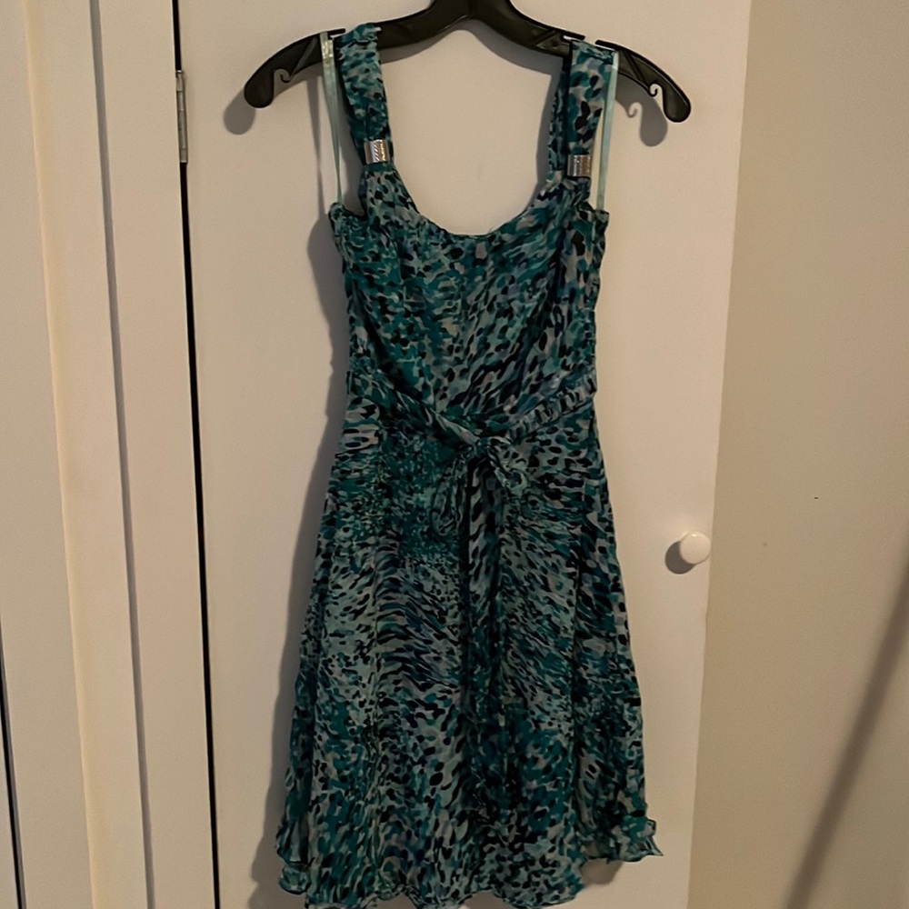 White House Black Market Blue Watercolor Spatter Silky Dress
